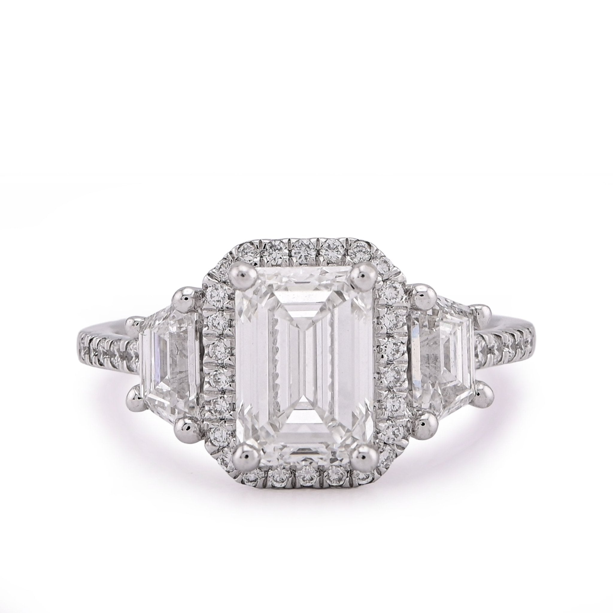 14K White Gold 2CT Centre Emerald Solitaire Halo 3.15TC Lab Diamond Women Ring - Elite Jewelers - Rings