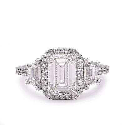 14K White Gold 2CT Centre Emerald Solitaire Halo 3.15TC Lab Diamond Women Ring - Elite Jewelers - Rings