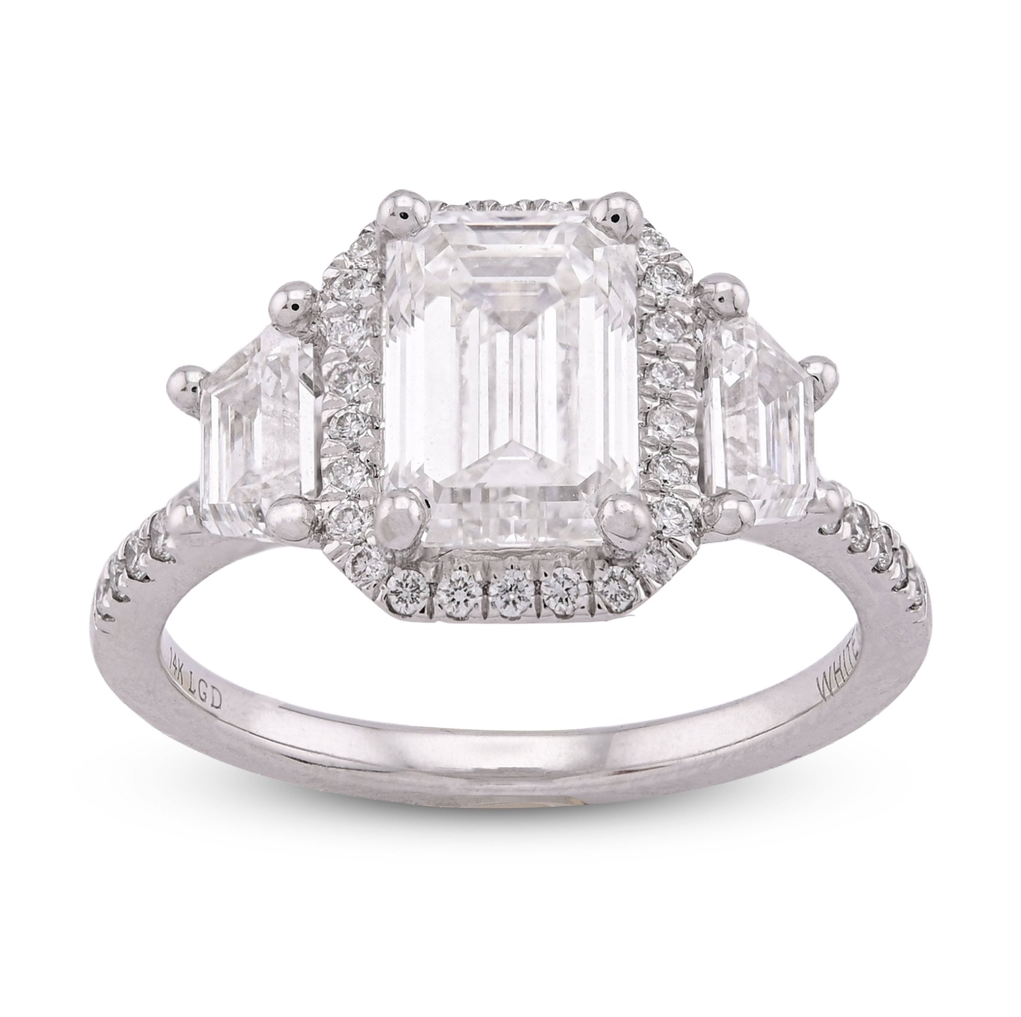 14K White Gold 2CT Centre Emerald Solitaire Halo 3.15TC Lab Diamond Women Ring - Elite Jewelers - Rings