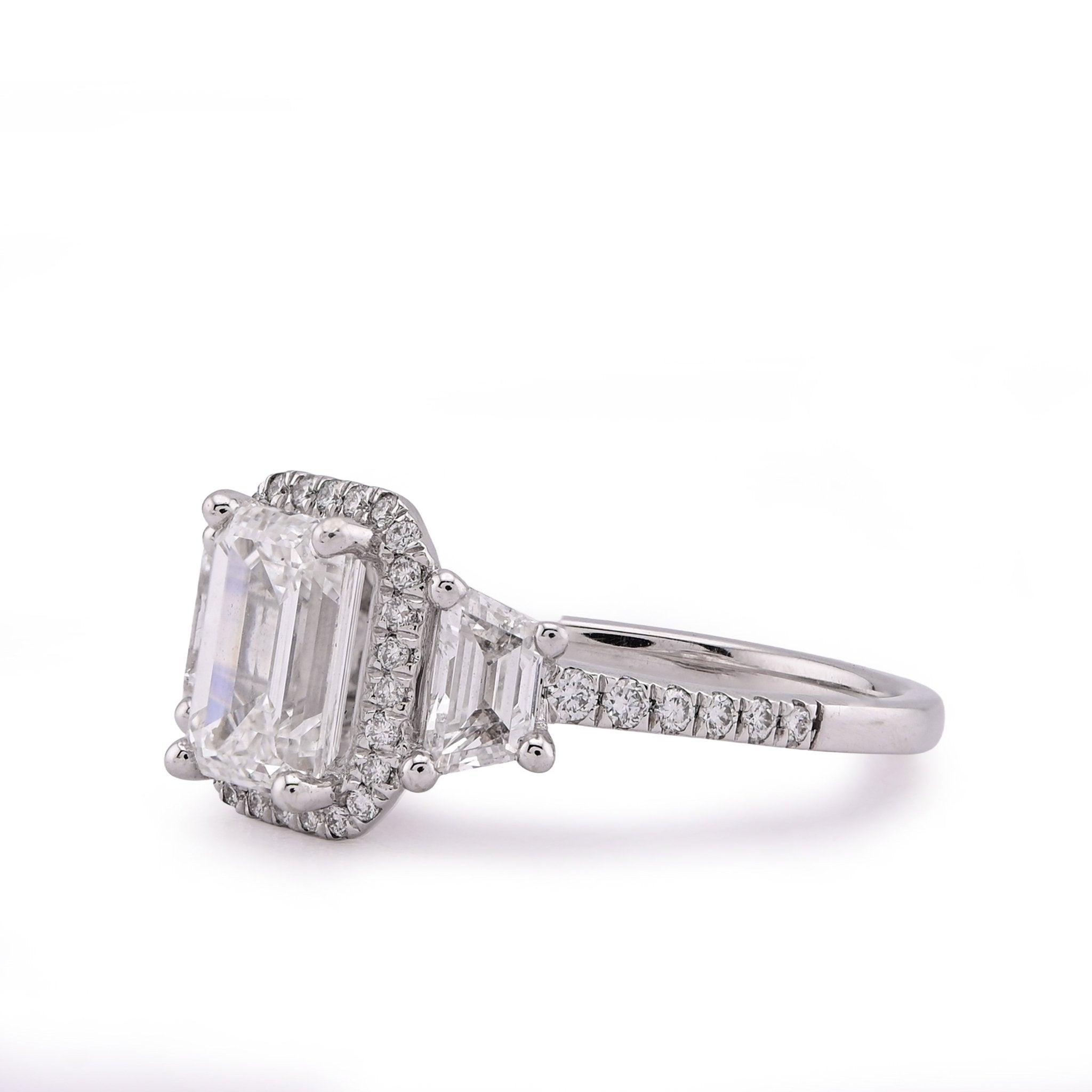 14K White Gold 2CT Centre Emerald Solitaire Halo 3.15TC Lab Diamond Women Ring - Elite Jewelers - Rings