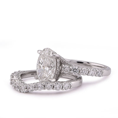 14K White Gold 3 CT Centre Oval Solitaire Women Ring with Band 4.90TC Lab Diamond - Elite Jewelers - Rings