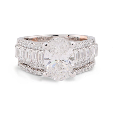 14K White Gold 3.10CT Oval Centre Solitaire Baguette/Round Lab Diamond Women Rings - Elite Jewelers-Rings