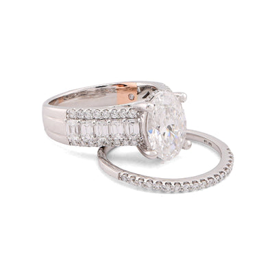 14K White Gold 3.10CT Oval Centre Solitaire Baguette/Round Lab Diamond Women Rings - Elite Jewelers-Rings