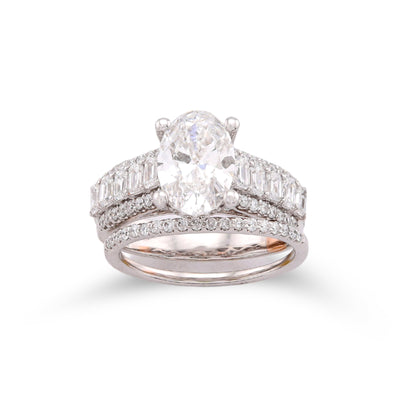 14K White Gold 3.10CT Oval Centre Solitaire Baguette/Round Lab Diamond Women Rings - Elite Jewelers-Rings