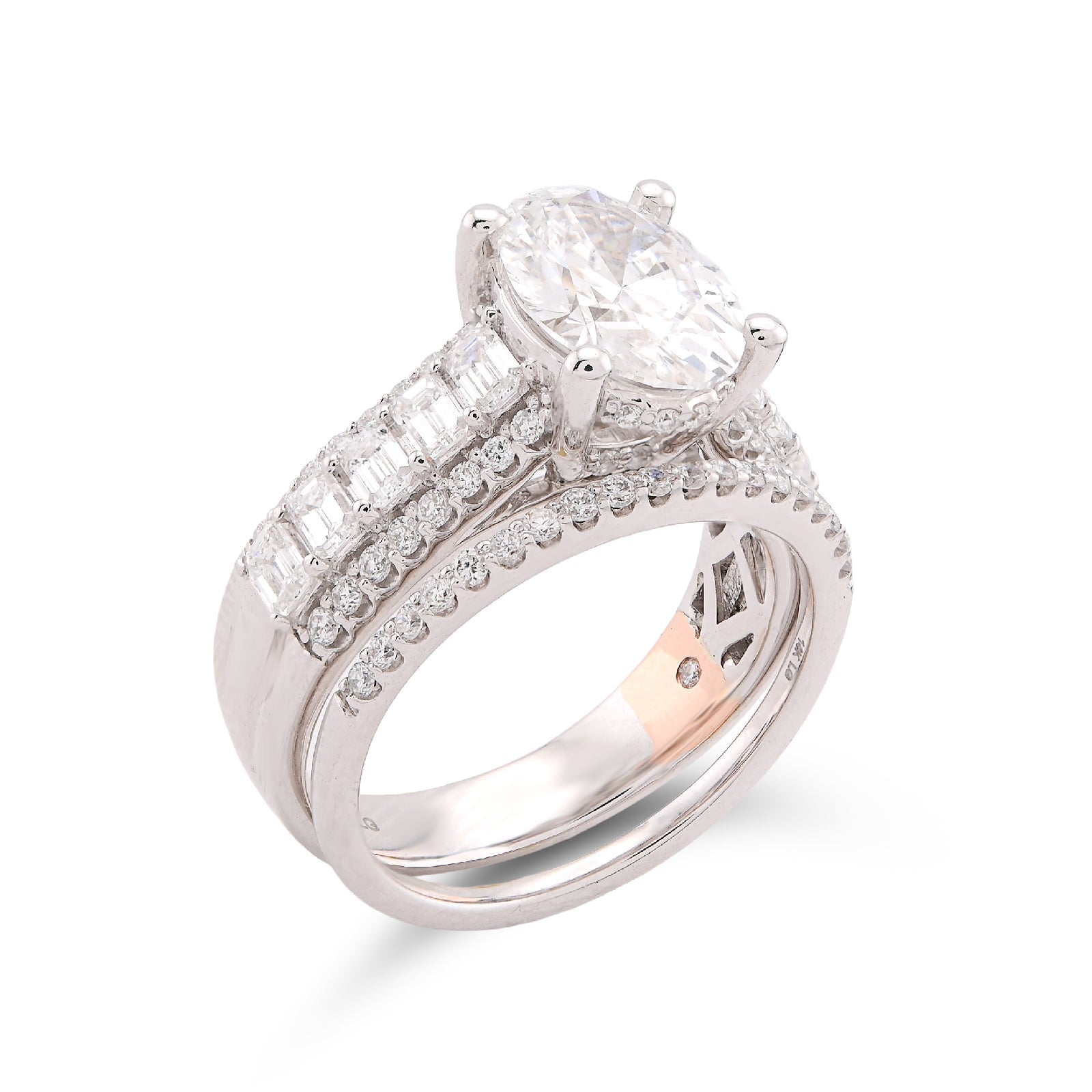 14K White Gold 3.10CT Oval Centre Solitaire Baguette/Round Lab Diamond Women Rings - Elite Jewelers-Rings