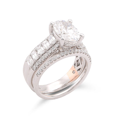 14K White Gold 3.10CT Oval Centre Solitaire Baguette/Round Lab Diamond Women Rings - Elite Jewelers-Rings