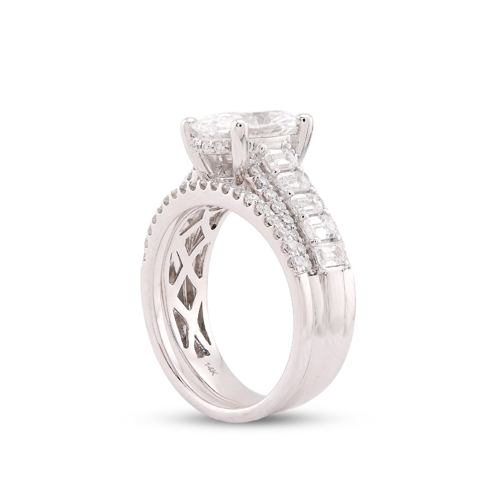 14K White Gold 3.10CT Oval Centre Solitaire Baguette/Round Lab Diamond Women Rings - Elite Jewelers-Rings