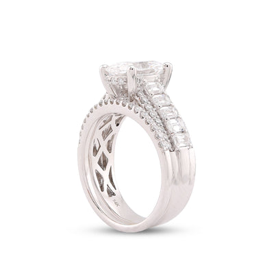 14K White Gold 3.10CT Oval Centre Solitaire Baguette/Round Lab Diamond Women Rings - Elite Jewelers-Rings