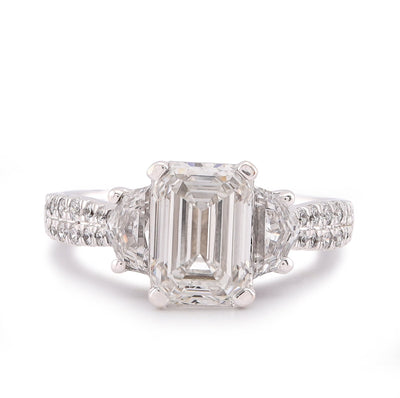 14K White Gold 3.25CT Emerald Solitaire Radiant/Round Side Lab Diamond Women Ring - Elite Jewelers-Rings