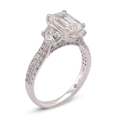 14K White Gold 3.25CT Emerald Solitaire Radiant/Round Side Lab Diamond Women Ring - Elite Jewelers-Rings