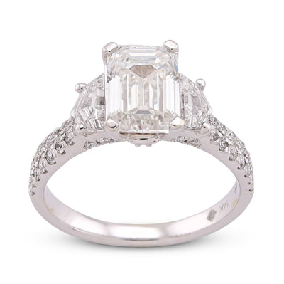 14K White Gold 3.25CT Emerald Solitaire Radiant/Round Side Lab Diamond Women Ring - Elite Jewelers-Rings
