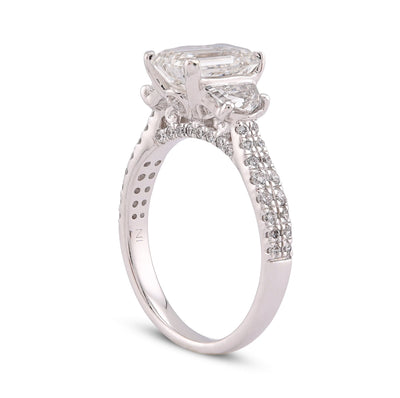 14K White Gold 3.25CT Emerald Solitaire Radiant/Round Side Lab Diamond Women Ring - Elite Jewelers-Rings