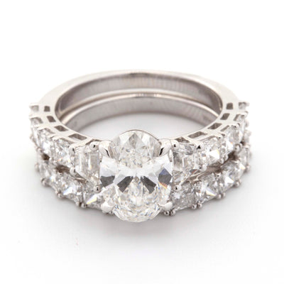 14k White Gold 3.30CT Oval Solitaire with Baguette and Princess Diamond on Band 5.36CT Lab Grown VS Diamond Wedding Set Ring - Elite Jewelers - Rings