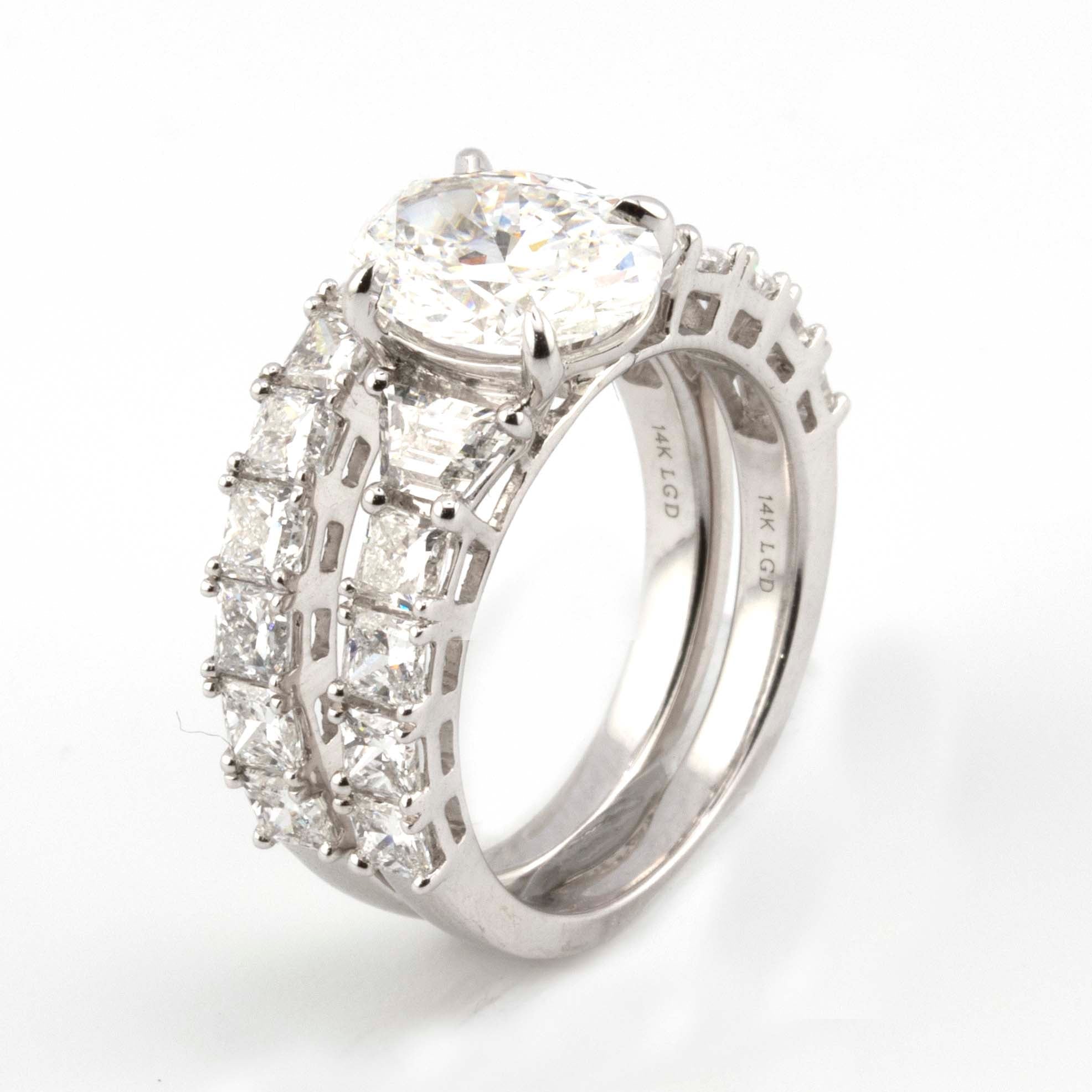 14k White Gold 3.30CT Oval Solitaire with Baguette and Princess Diamond on Band 5.36CT Lab Grown VS Diamond Wedding Set Ring - Elite Jewelers - Rings