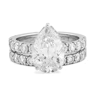 14K White Gold 3.5CT Tear Drop/Pear 4.5TC Lab Diamond Side Iced wih Band Women Ring - Elite Jewelers - Rings