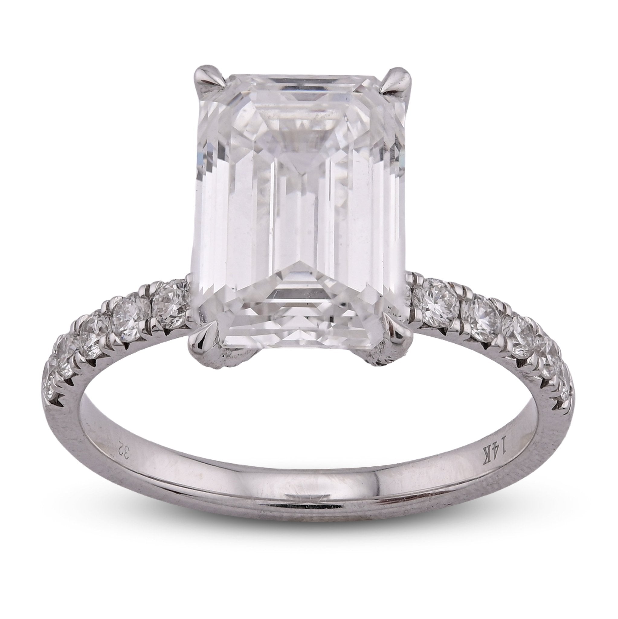 14K White Gold 3CT Centre Emerald Solitaire 4.0TC Side Iced Women Lab Diamond Ring - Elite Jewelers - Rings