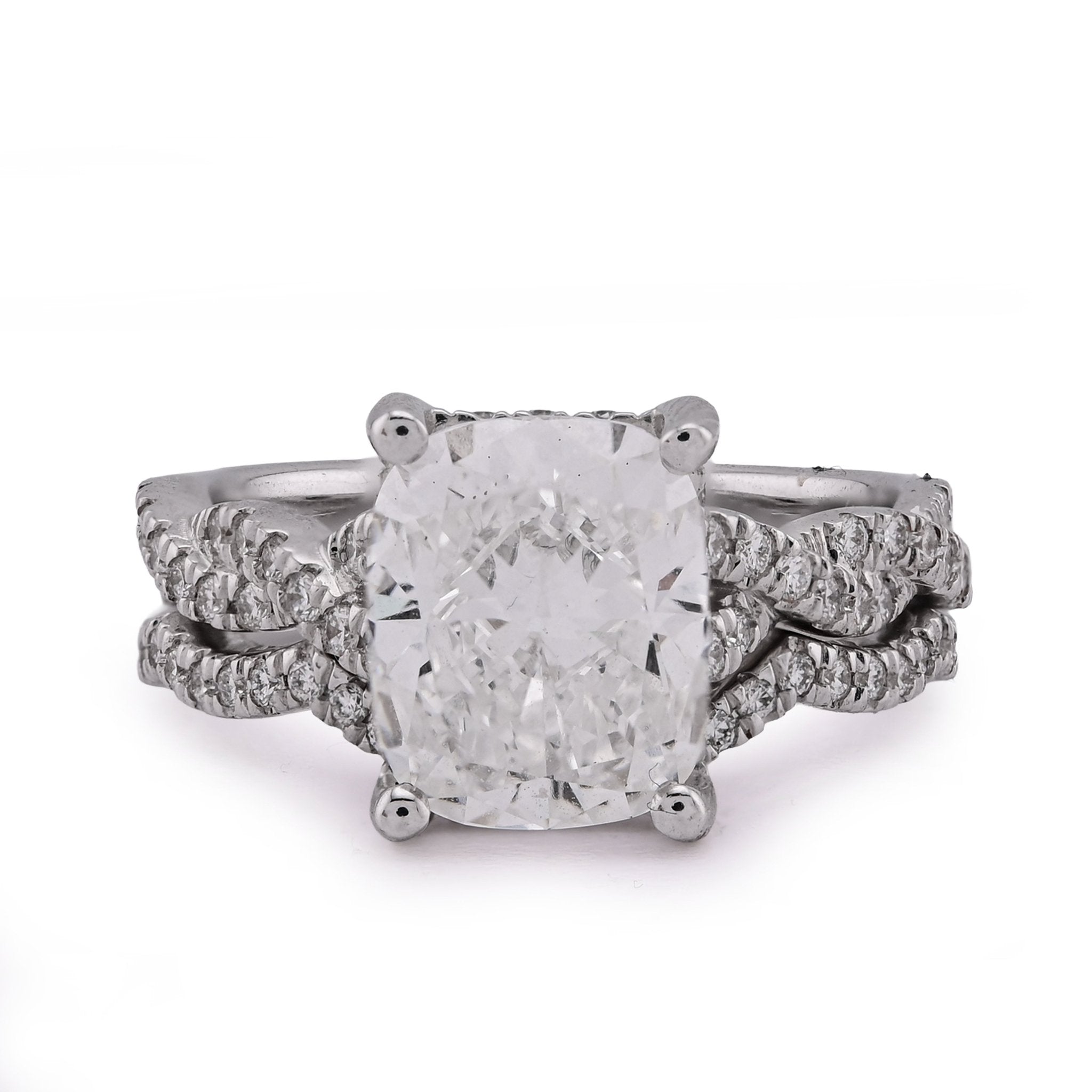 14K White Gold 4.5CT Radiant Centre Twisted Link Side Lab Diamond Women Ring With Band - Elite Jewelers - Rings