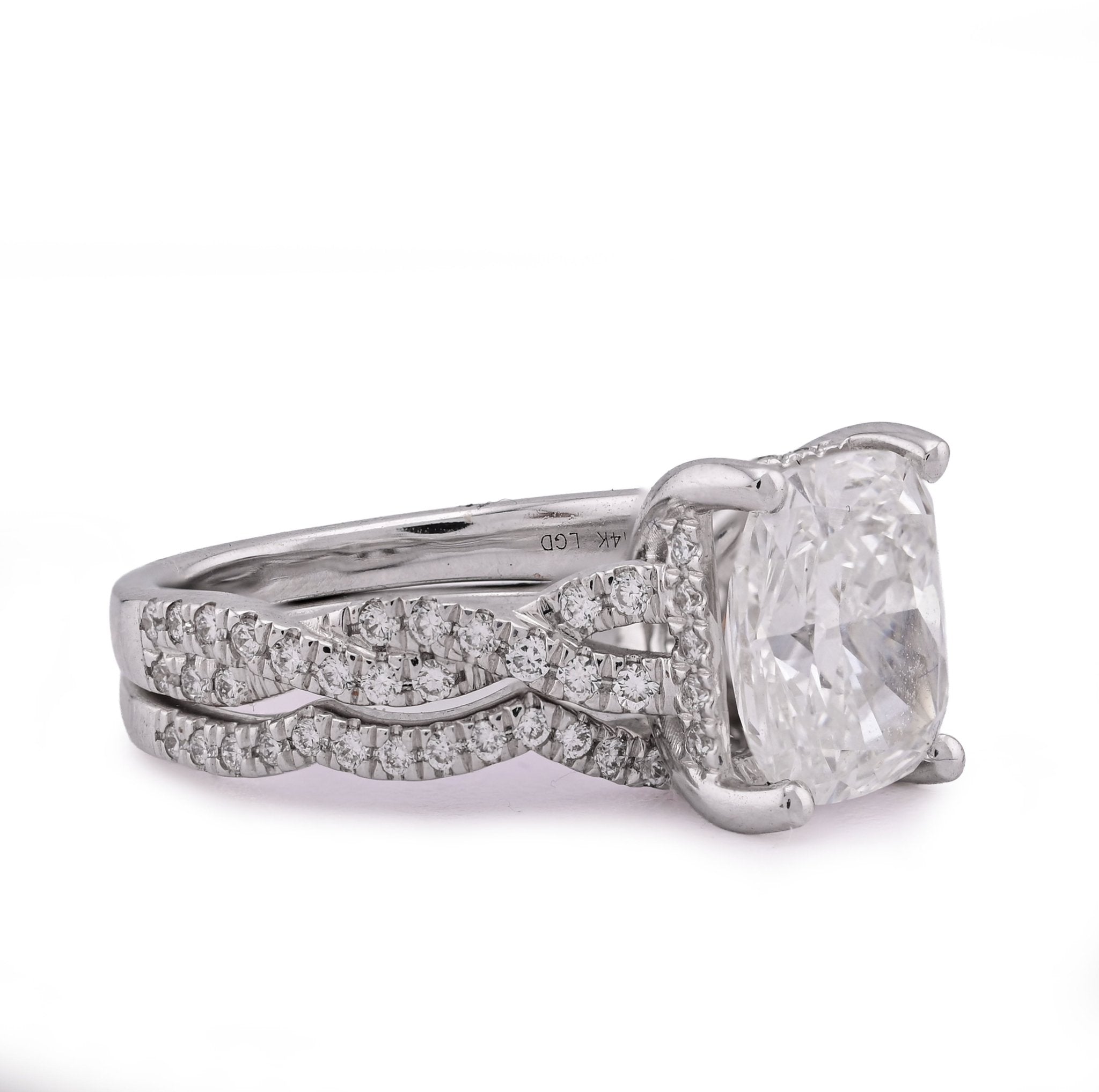 14K White Gold 4.5CT Radiant Centre Twisted Link Side Lab Diamond Women Ring With Band - Elite Jewelers - Rings