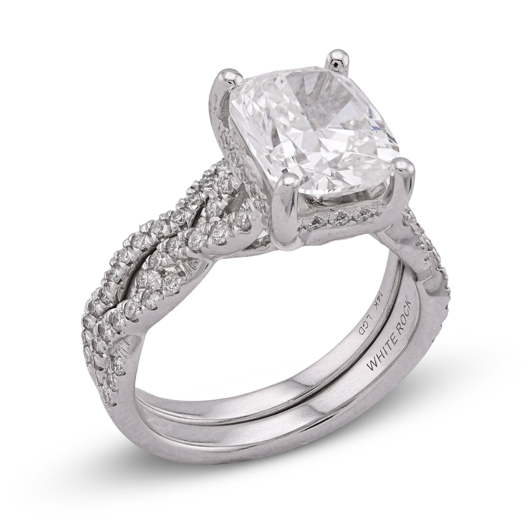 14K White Gold 4.5CT Radiant Centre Twisted Link Side Lab Diamond Women Ring With Band - Elite Jewelers - Rings