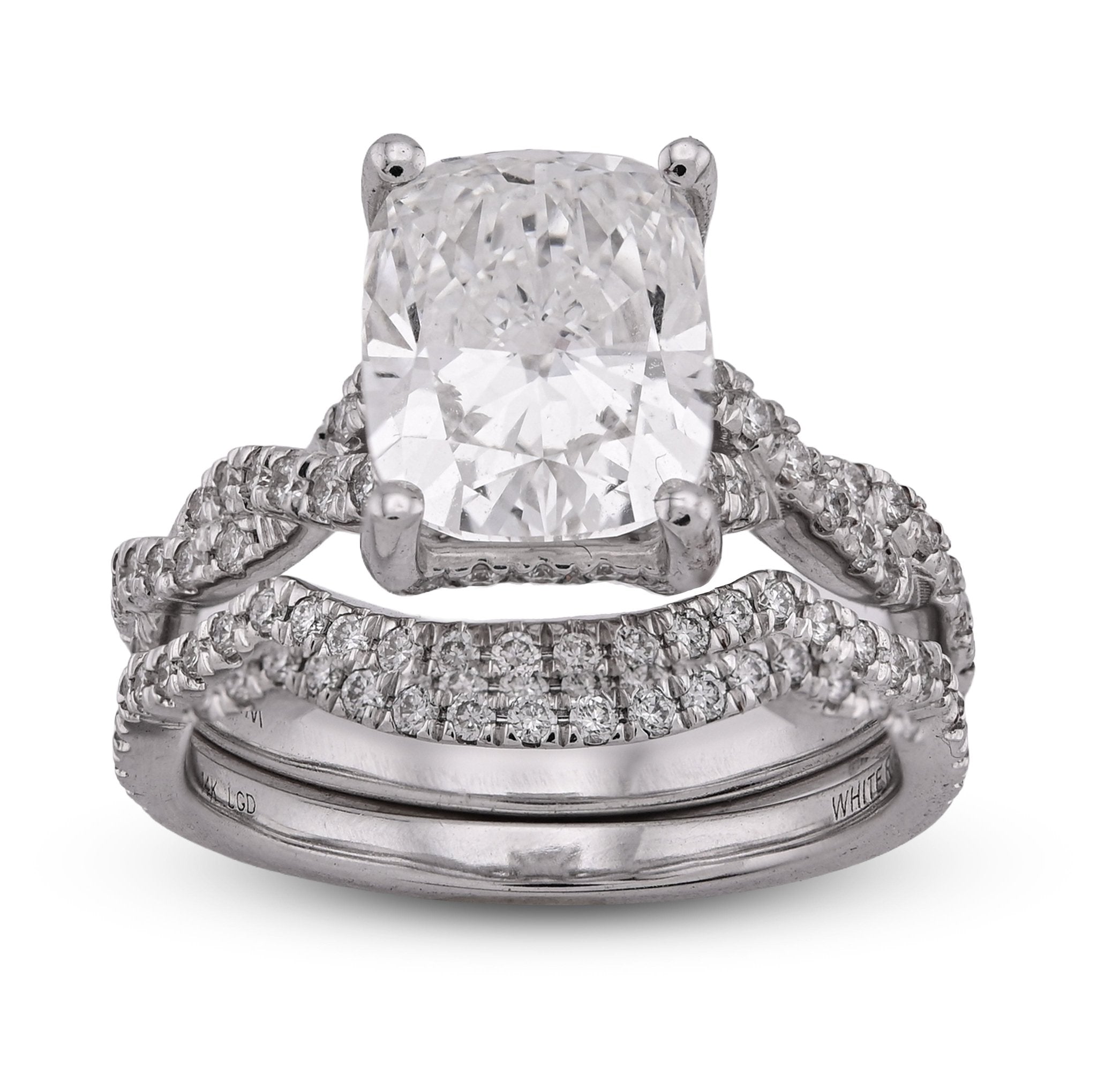 14K White Gold 4.5CT Radiant Centre Twisted Link Side Lab Diamond Women Ring With Band - Elite Jewelers - Rings