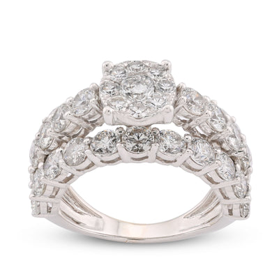 14K White Gold 4.8CT Natural Diamond Round Centre 3 Row Women Ring - Elite Jewelers-Rings