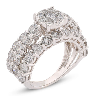 14K White Gold 4.8CT Natural Diamond Round Centre 3 Row Women Ring - Elite Jewelers-Rings