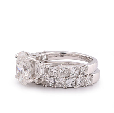 14K White Gold 5.36CT Radiant Side Oval Solitaire Centre Lab Diamond Women Ring with Band - Elite Jewelers-Rings