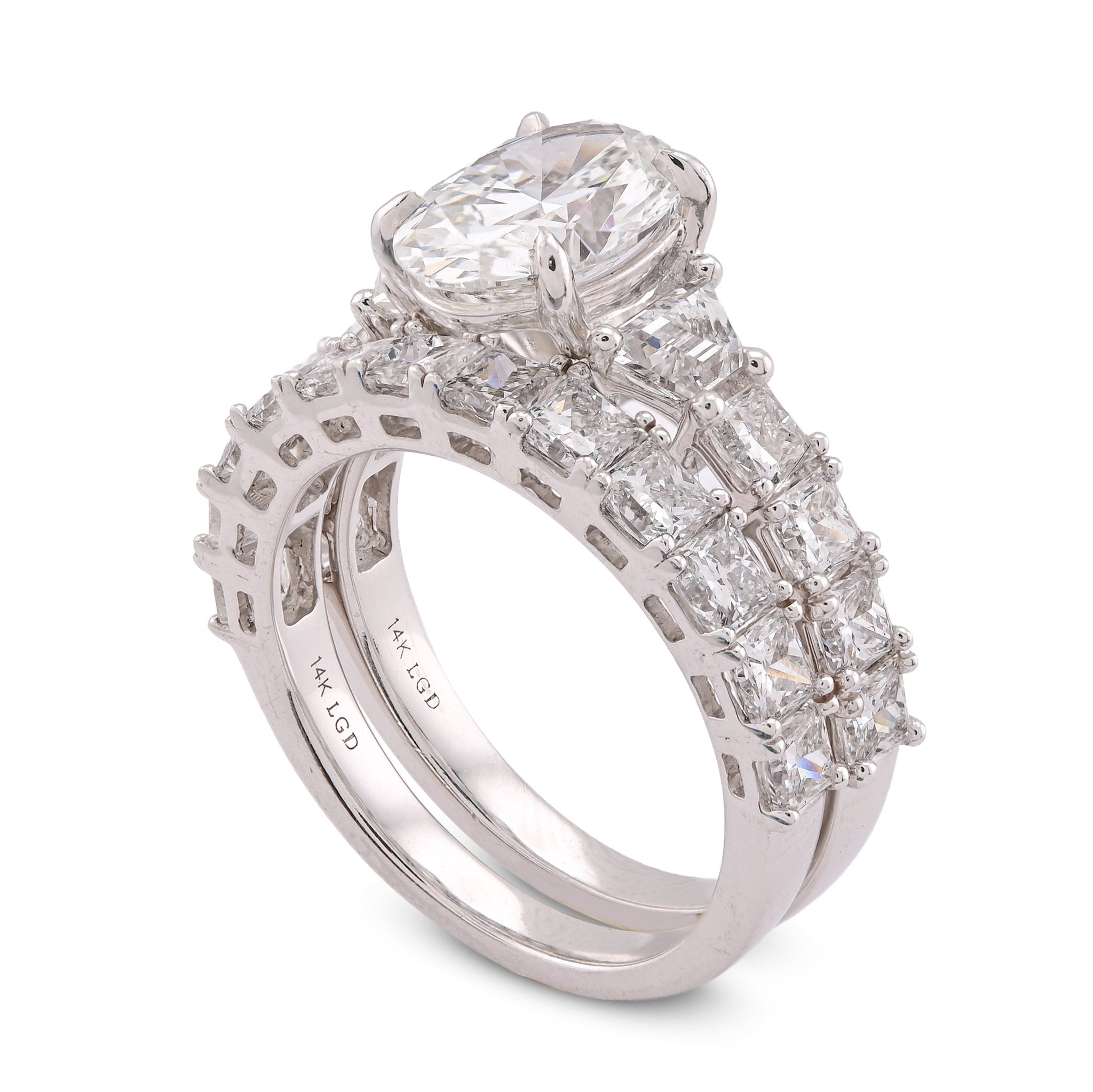 14K White Gold 5.36CT Radiant Side Oval Solitaire Centre Lab Diamond Women Ring with Band - Elite Jewelers-Rings