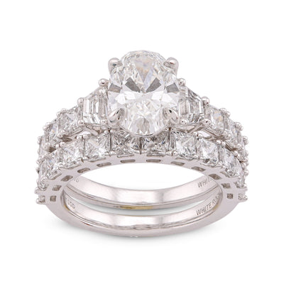 14K White Gold 5.36CT Radiant Side Oval Solitaire Centre Lab Diamond Women Ring with Band - Elite Jewelers-Rings