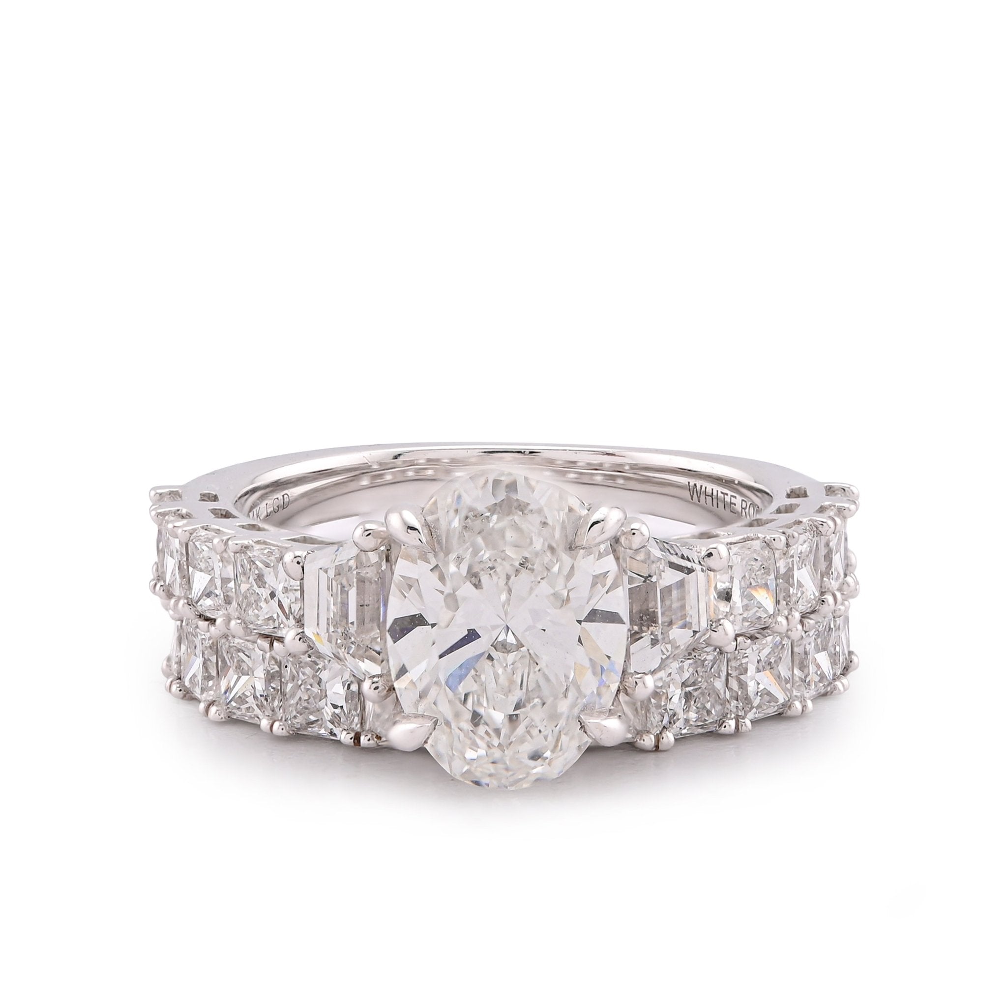 14K White Gold 5.36CT Radiant Side Oval Solitaire Centre Lab Diamond Women Ring with Band - Elite Jewelers-Rings