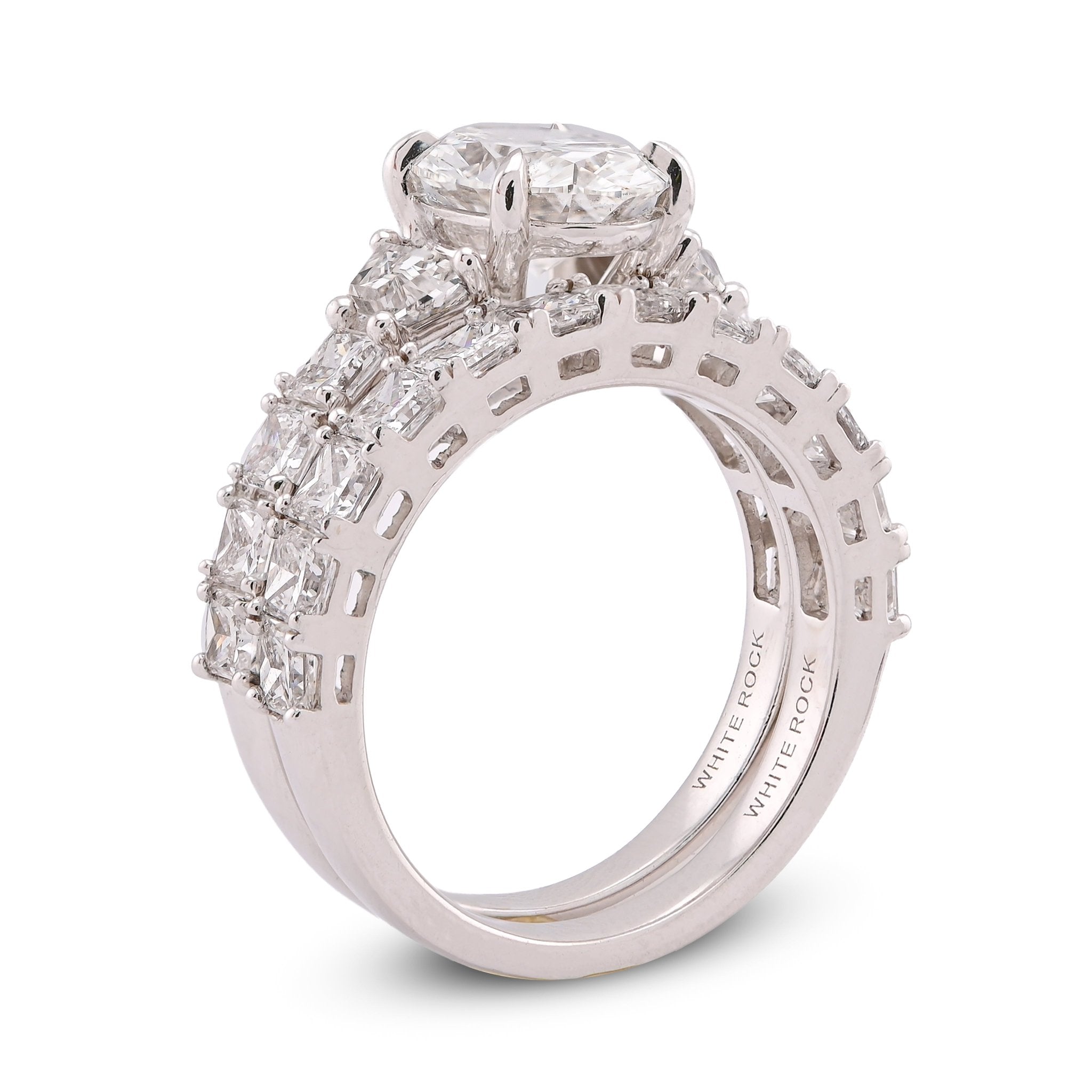 14K White Gold 5.36CT Radiant Side Oval Solitaire Centre Lab Diamond Women Ring with Band - Elite Jewelers-Rings