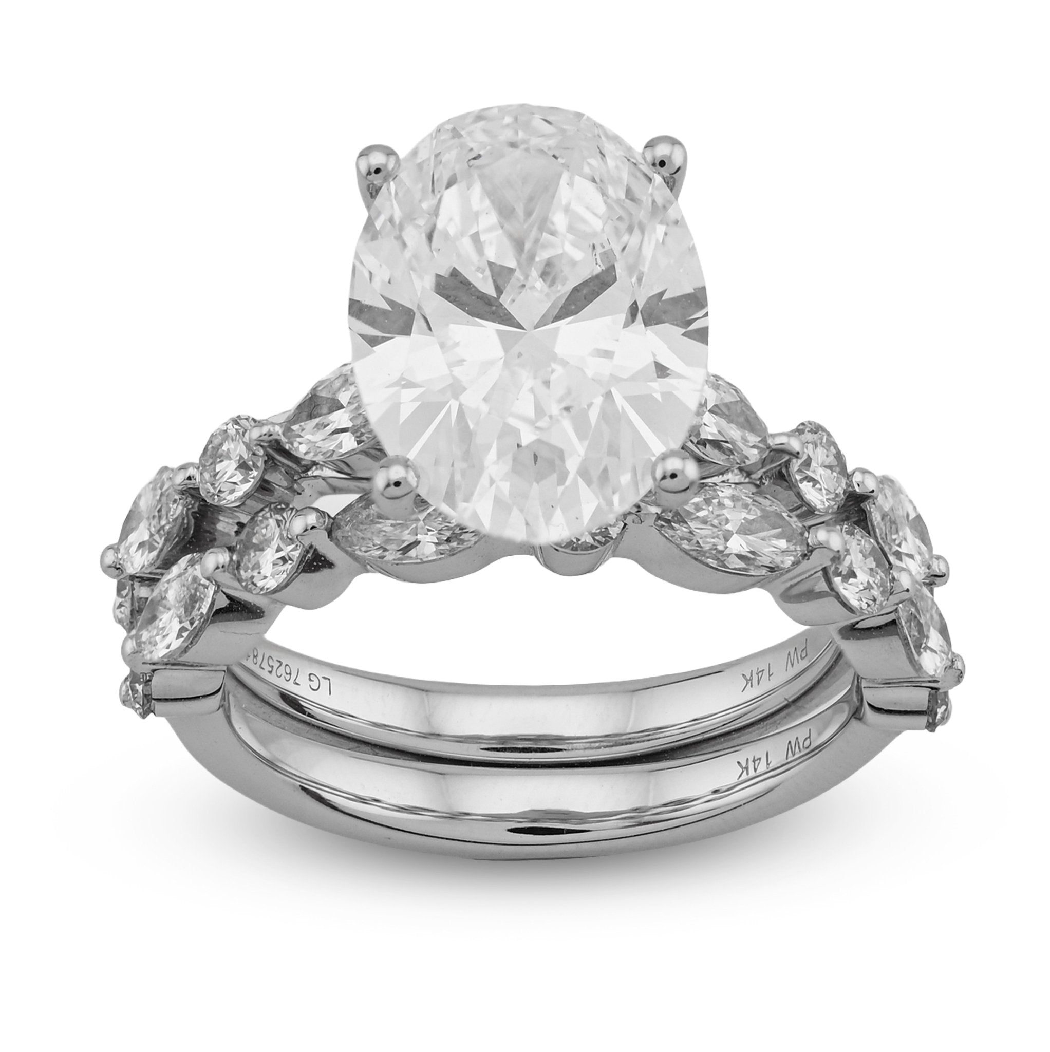 14K White Gold 5.58CT Oval Solitaire Marquise/Round Band Lab Diamond Women Ring 6.8g - Elite Jewelers - Rings