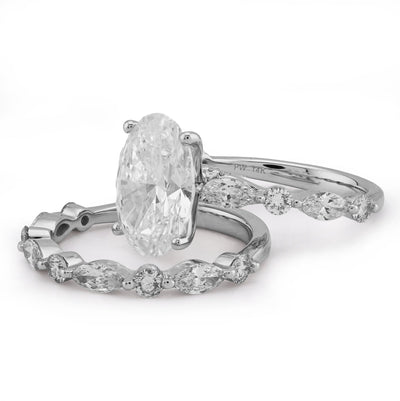 14K White Gold 5.58CT Oval Solitaire Marquise/Round Band Lab Diamond Women Ring 6.8g - Elite Jewelers - Rings