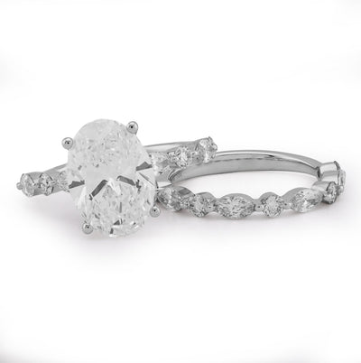 14K White Gold 5.58CT Oval Solitaire Marquise/Round Band Lab Diamond Women Ring 6.8g - Elite Jewelers - Rings
