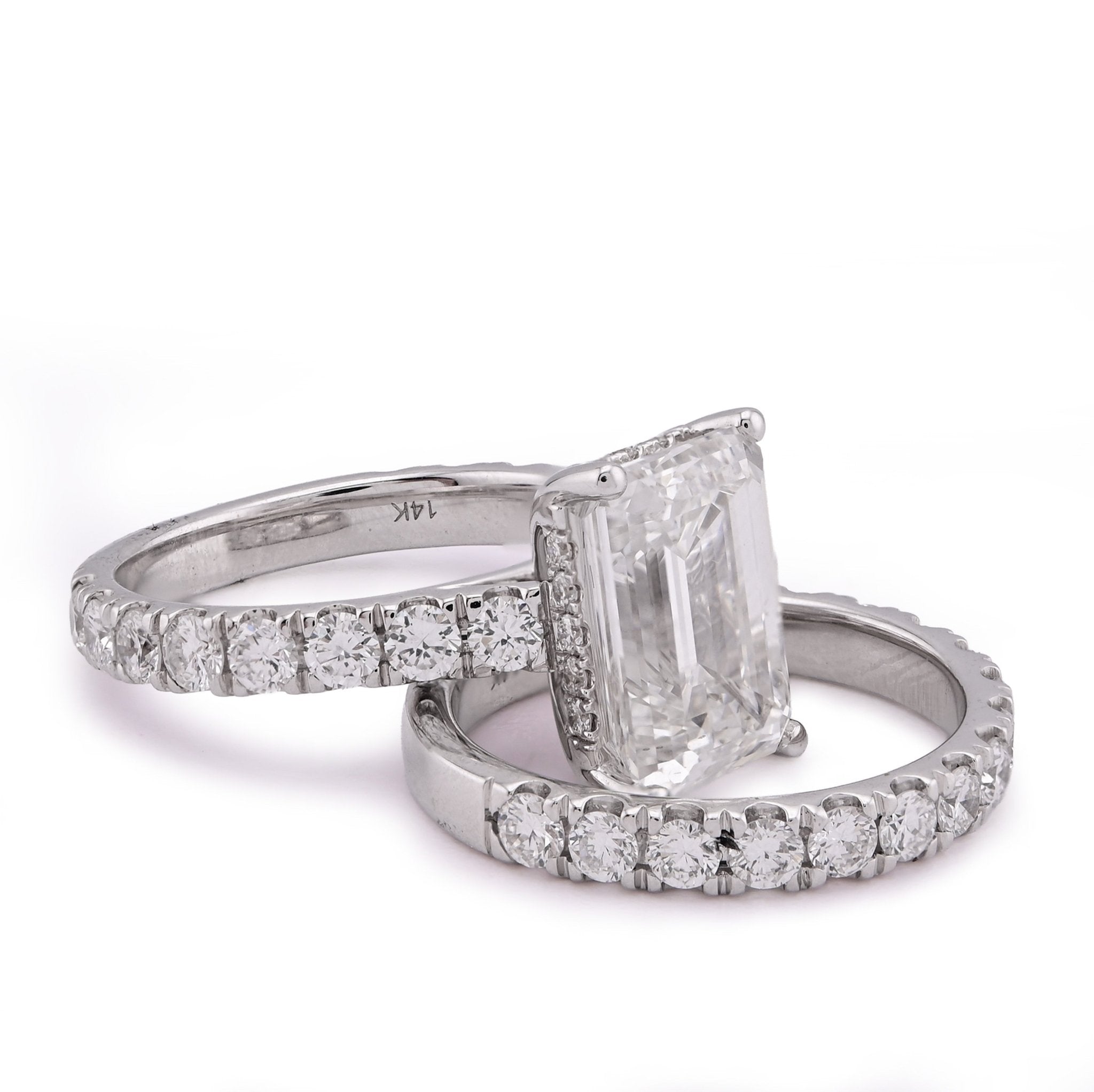 14K White Gold 5CT Emerald Centre Solitaire 7.27TC Lab Diamond Women Ring with Band - Elite Jewelers - Rings
