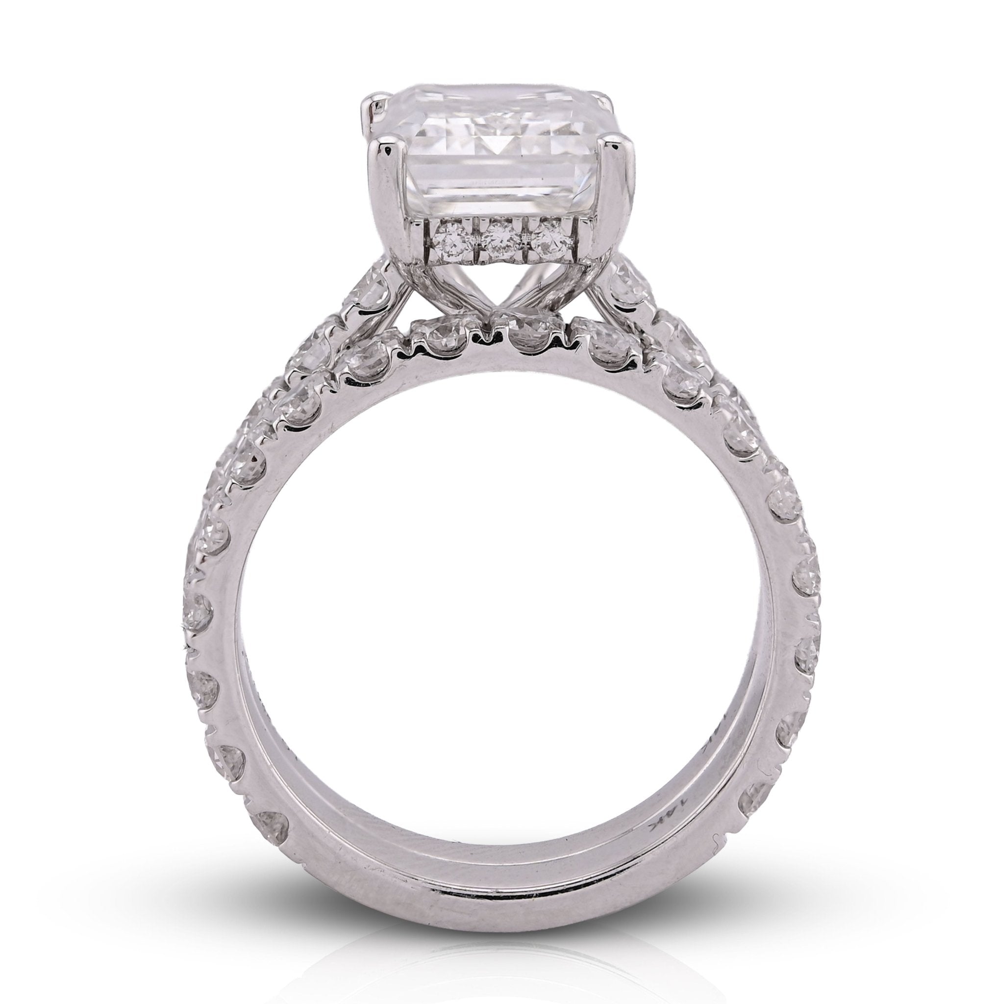 14K White Gold 5CT Emerald Centre Solitaire 7.27TC Lab Diamond Women Ring with Band - Elite Jewelers - Rings