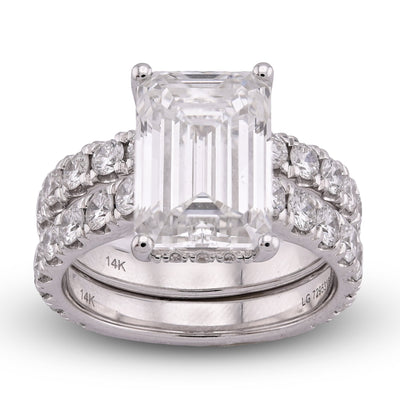 14K White Gold 5CT Emerald Centre Solitaire 7.27TC Lab Diamond Women Ring with Band - Elite Jewelers - Rings