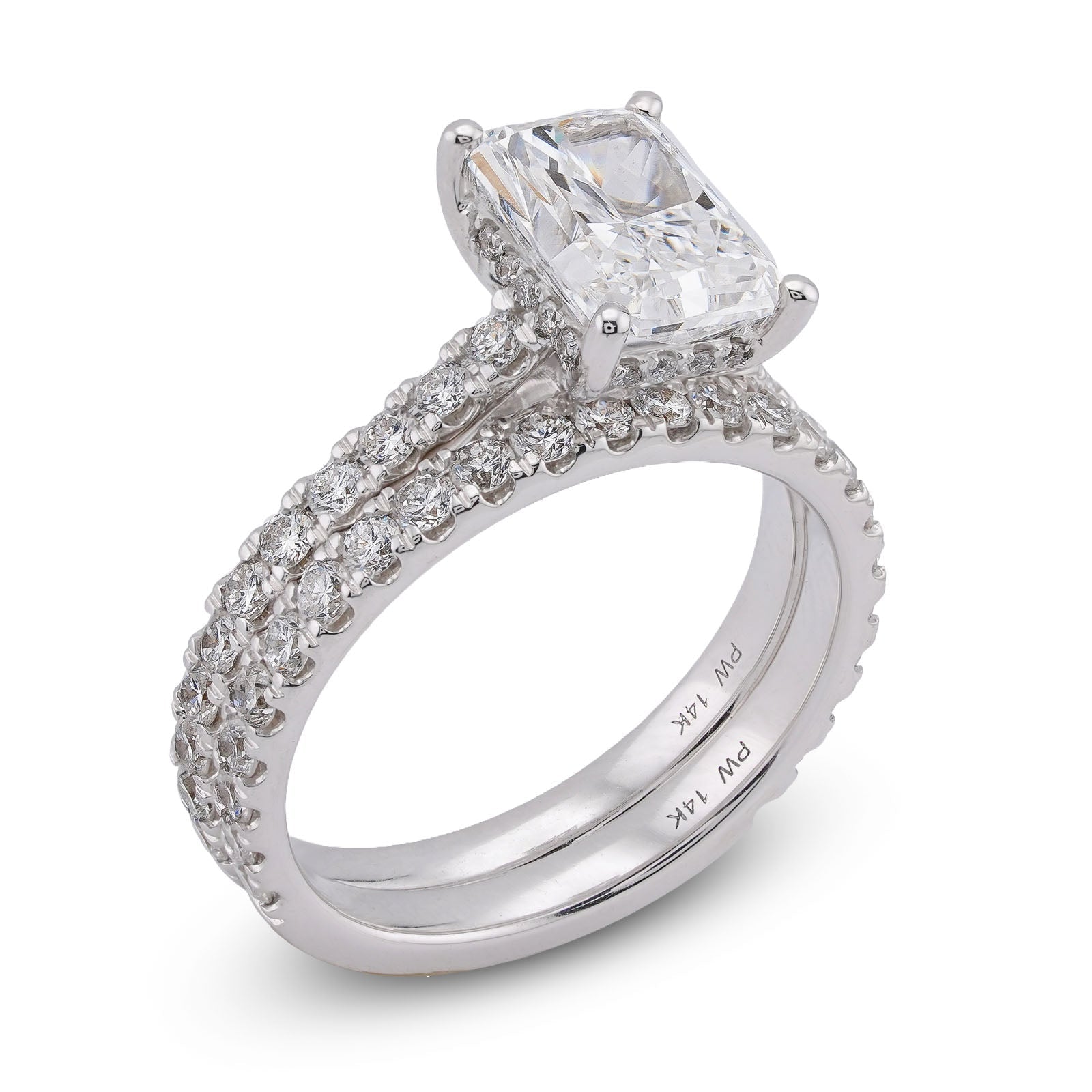 14K White Gold Centre Radiant Solitaire Round 3.30CT Lab Diamond Women Ring with Band - Elite Jewelers-Rings