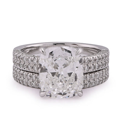 14K White Gold Cushion Cut 4CT Centre Stone 5TC Lab Diamond 2 Row Women Ring with Band - Elite Jewelers - Rings