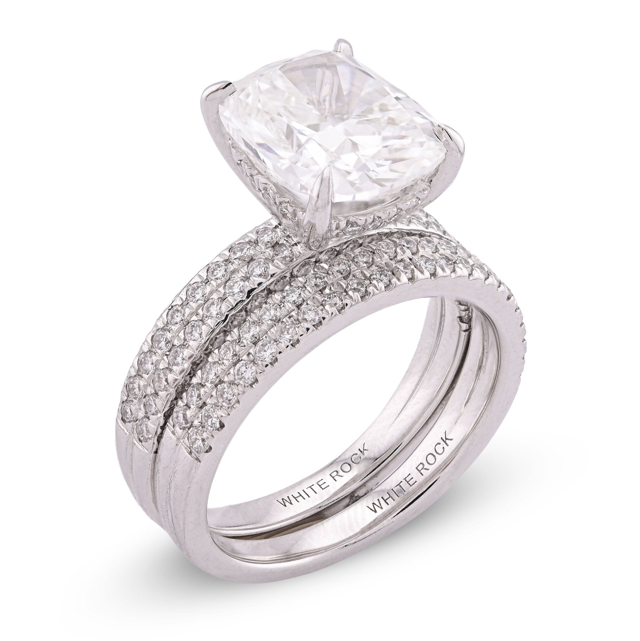 14K White Gold Cushion Cut 4CT Centre Stone 5TC Lab Diamond 2 Row Women Ring with Band - Elite Jewelers - Rings