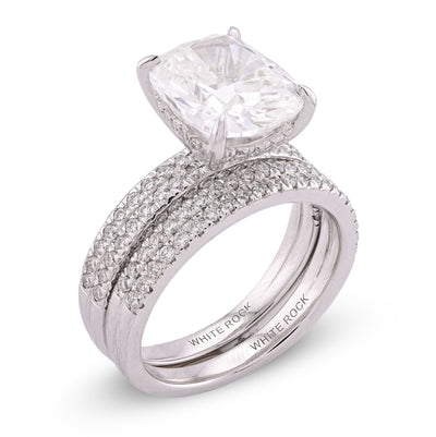14K White Gold Cushion Cut 4CT Centre Stone 5TC Lab Diamond 2 Row Women Ring with Band - Elite Jewelers - Rings