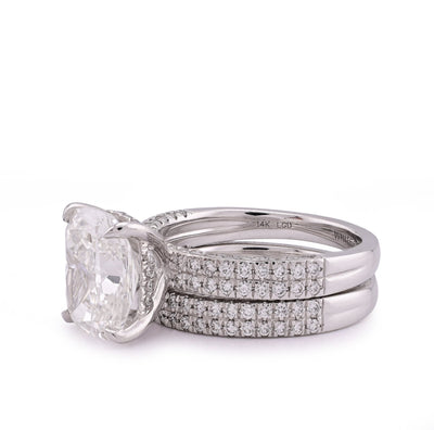 14K White Gold Cushion Cut 4CT Centre Stone 5TC Lab Diamond 2 Row Women Ring with Band - Elite Jewelers - Rings