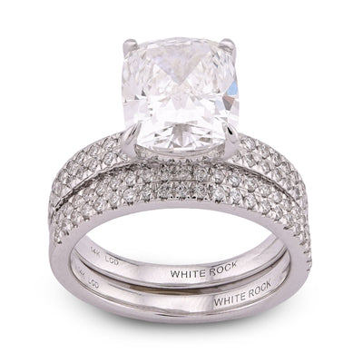 14K White Gold Cushion Cut 4CT Centre Stone 5TC Lab Diamond 2 Row Women Ring with Band - Elite Jewelers - Rings