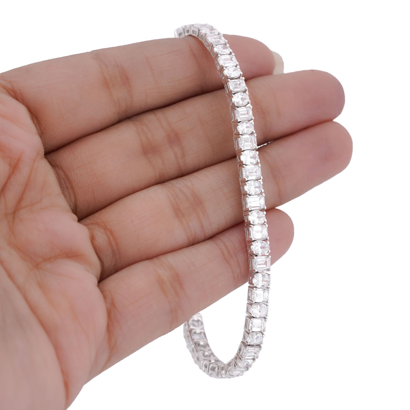 14K White Gold Emerald/Oval Solitaire Link 10CT Men Women Lab Diamond Tennis Bracelet 7" - Elite Jewelers-Bracelets