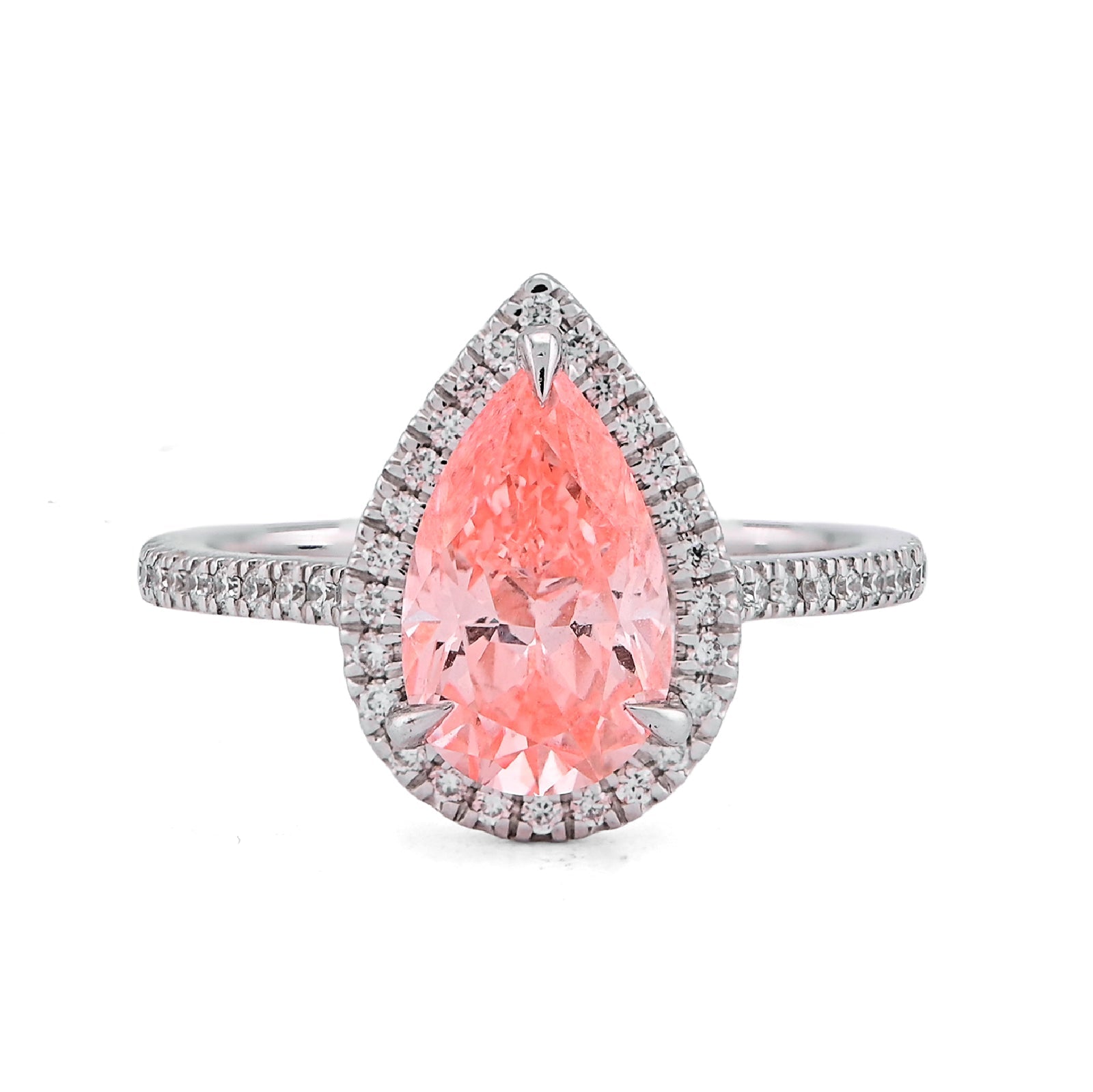 14K White Gold Fancy Pink 2.28CT Pear/Tear Drop Centre Halo Lab Diamond Women Ring - Elite Jewelers - Rings