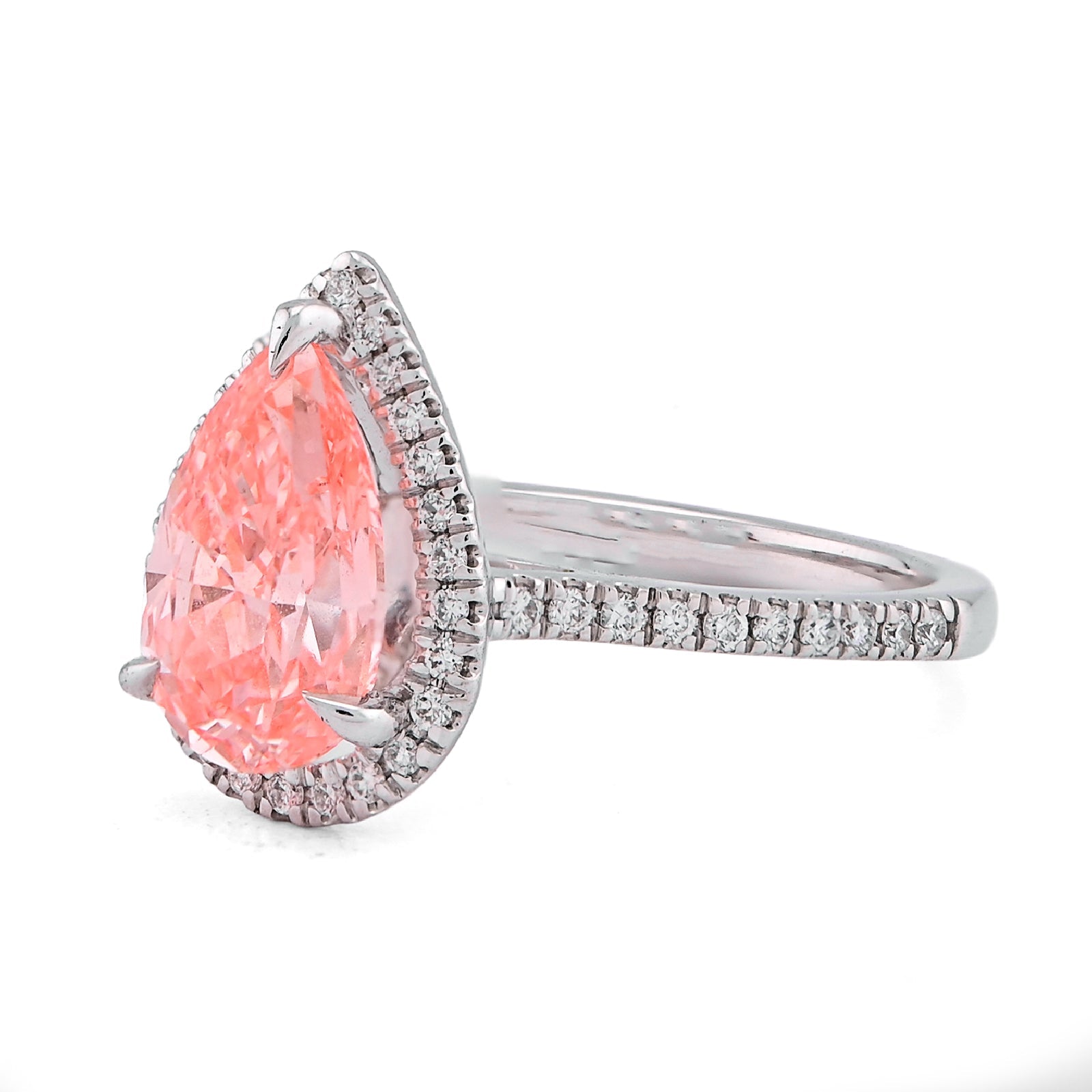 14K White Gold Fancy Pink 2.28CT Pear/Tear Drop Centre Halo Lab Diamond Women Ring - Elite Jewelers - Rings