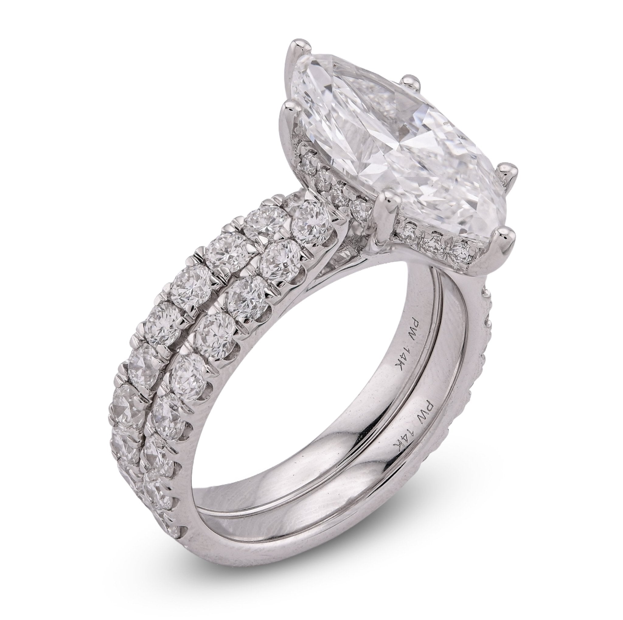 14K White Gold Marquise 4.06CT Solitaire Centre Side Iced with Band 6.11TC Women Lab Diamond Ring with Band - Elite Jewelers - Rings