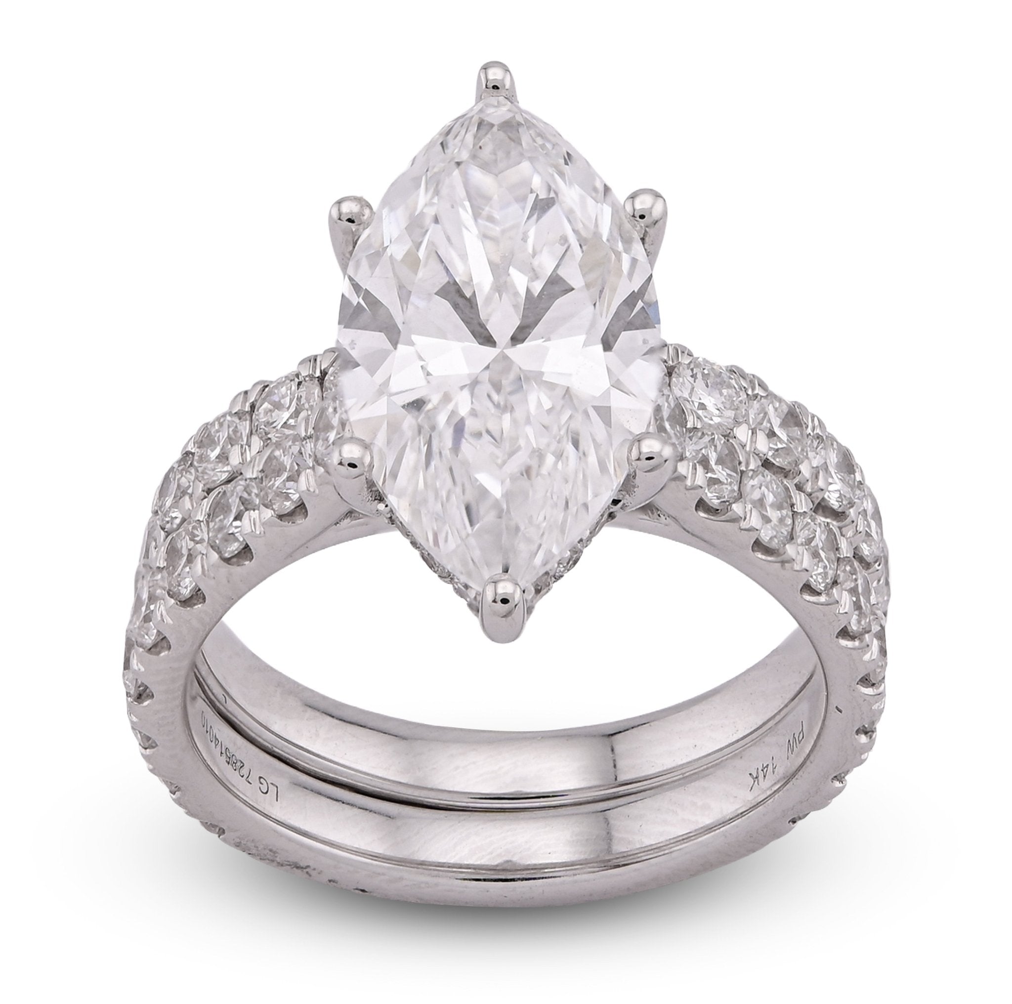 14K White Gold Marquise 4.06CT Solitaire Centre Side Iced with Band 6.11TC Women Lab Diamond Ring with Band - Elite Jewelers - Rings