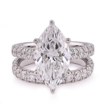 14K White Gold Marquise 4.06CT Solitaire Centre Side Iced with Band 6.11TC Women Lab Diamond Ring with Band - Elite Jewelers - Rings