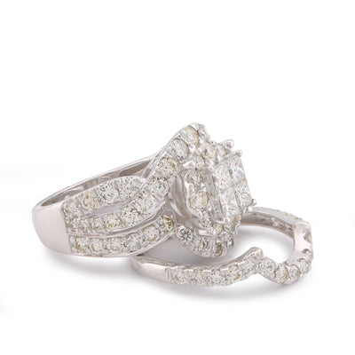 14K White Gold Natural Diamond Halo Flower Cluster Centre Princess Cut 3.13CT Women Ring with Band - Elite Jewelers-Rings